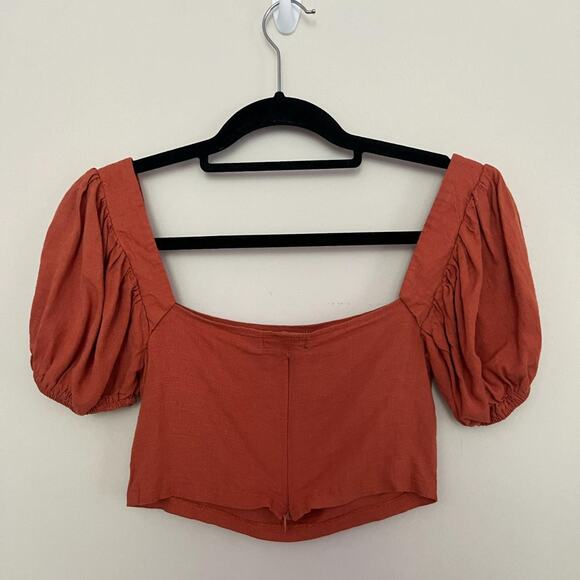 Pretty Little Thing Women's Orange Linen Crop top puffy sleeves size 2 - Picture 2 of 7